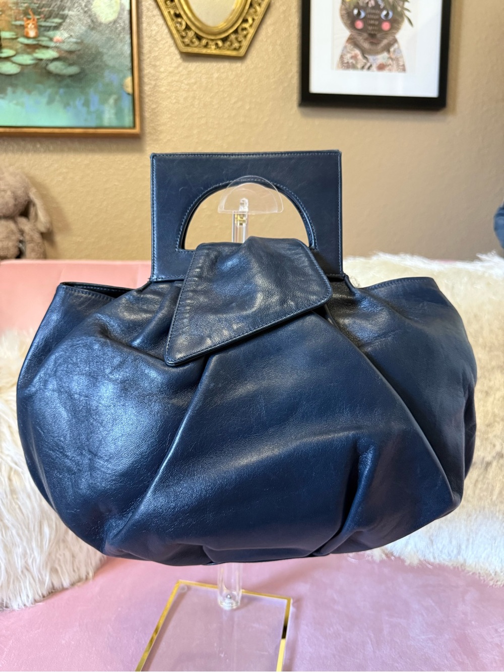 💯Authentic Stuart Weitzman Navy Leather Top-Handle Bag/Satchel/Crossbody. Chic!l